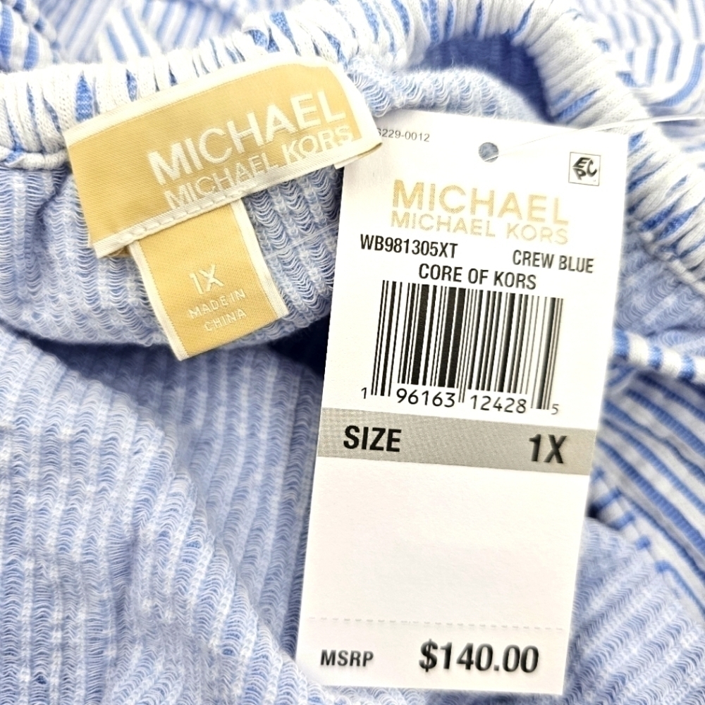 NWT MICHAEL KORS Womens Blue Striped Elastic Waist Off shoulders sleeve 1X - Picture 6 of 9